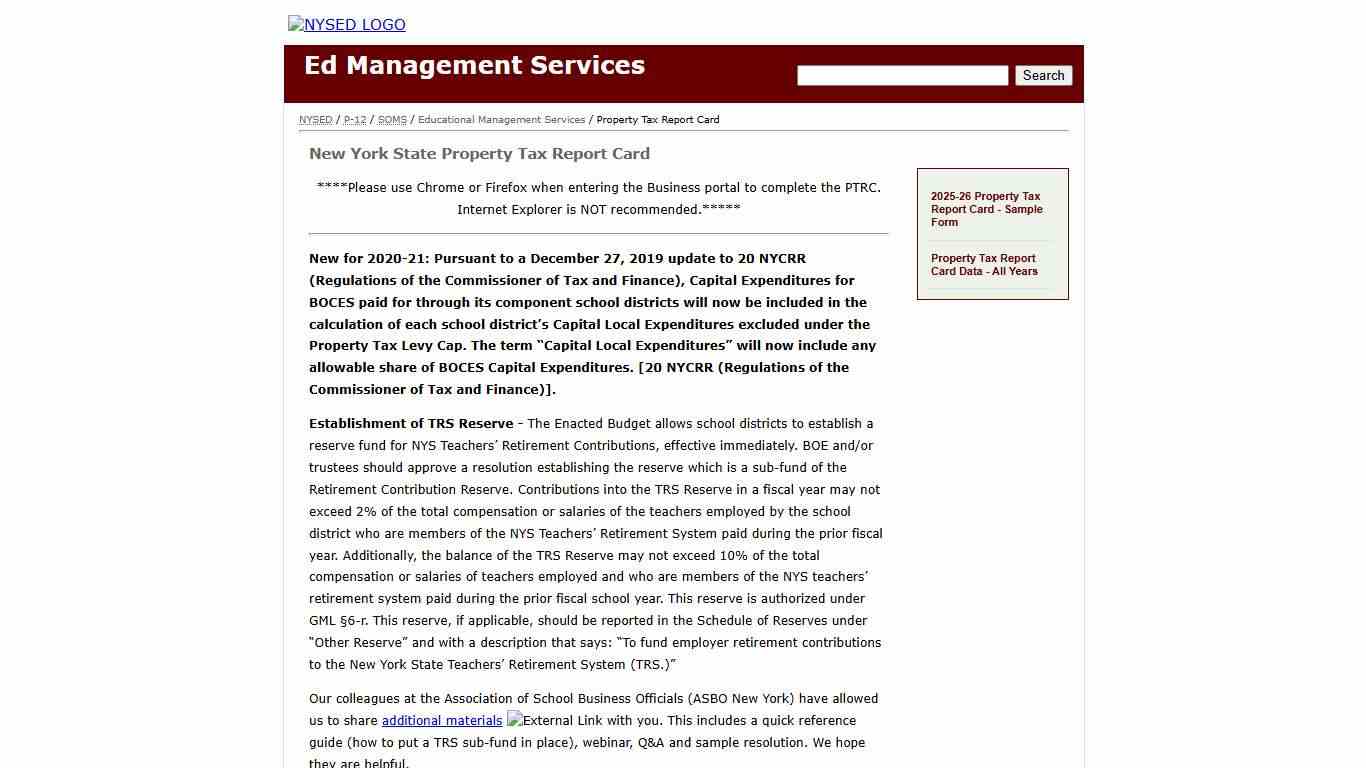 New York State Property Tax Report Card : Educational Management : P-12 : NYSED