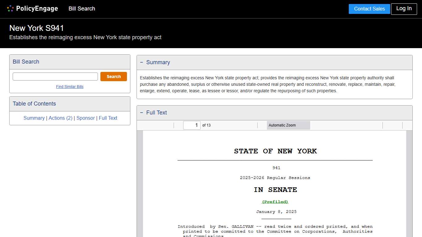 S941 | New York 2025-2026 | Establishes the reimaging excess New York state property act - Legislative Tracking | PolicyEngage